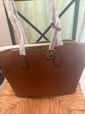 Michael Kors Tan Saffiano Leather Tote with Gold MK Charm